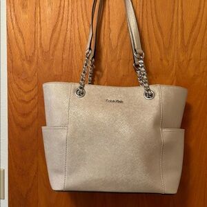Calvin Klein saffiano leather bag purse tote in champagne color